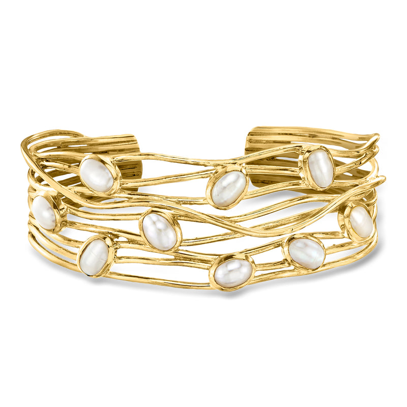 Cultured pearl cuff bracelet with gold over sterling metal and oval pearl links