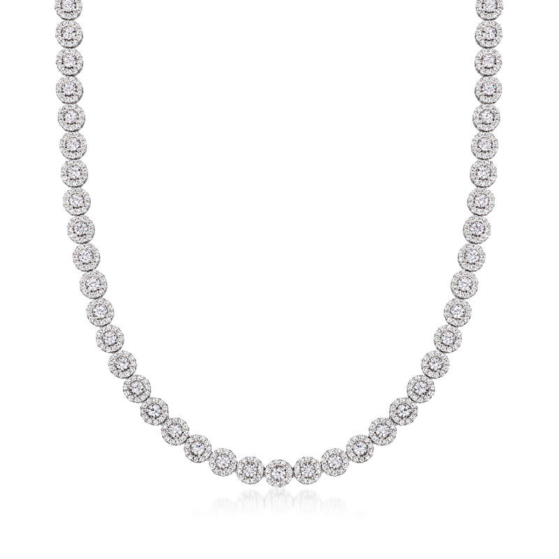 Sterling silver tennis necklace with round CZ halo tennis stations