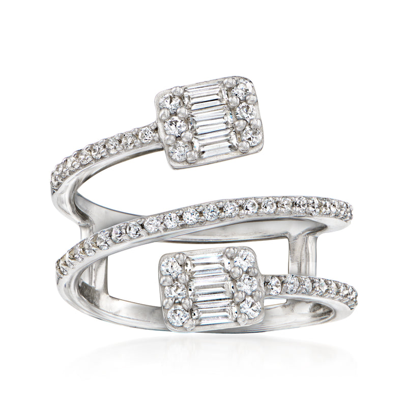 Sterling silver CZ bypass ring with two square cluster settings and pavé bands
