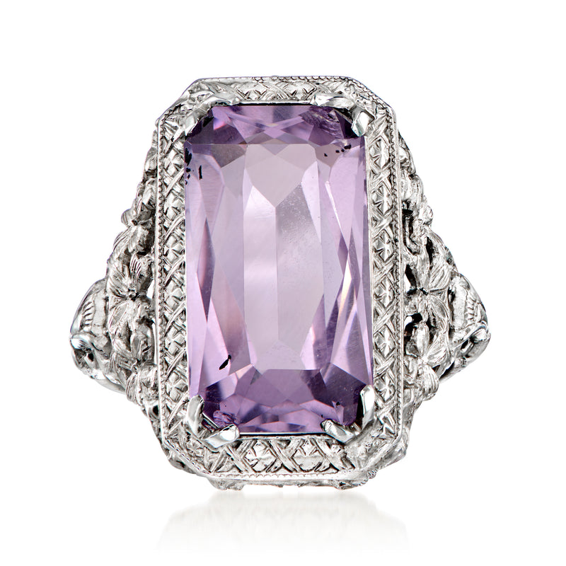 Vintage amethyst filigree ring in white gold, large rectangular purple gemstone setting