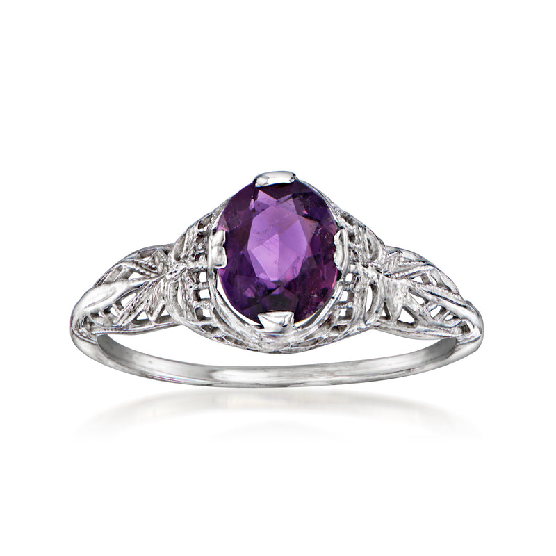 Vintage amethyst filigree ring in 14k white gold with large oval purple gemstone