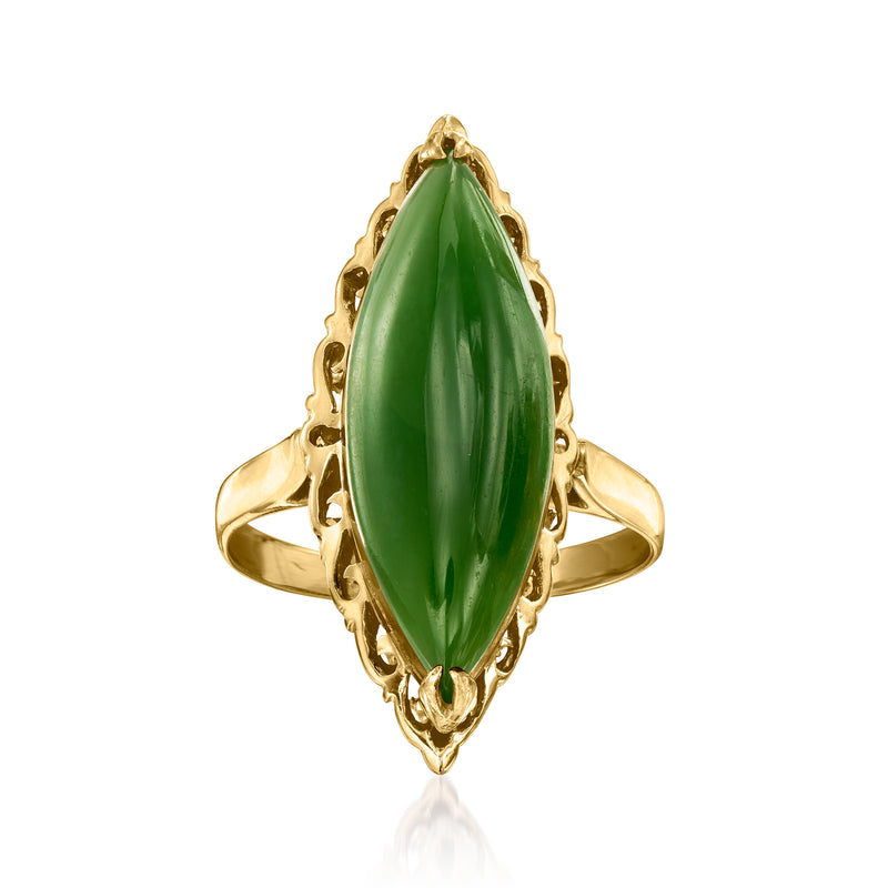 Vintage nephrite navette ring with large green marquise gemstone, 10kt yellow gold