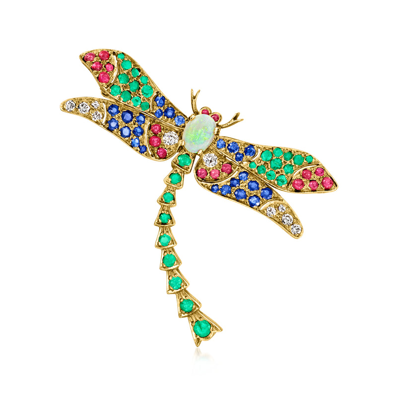 Dragonfly pin in yellow gold with opal, blue and green stones, and small diamond accents