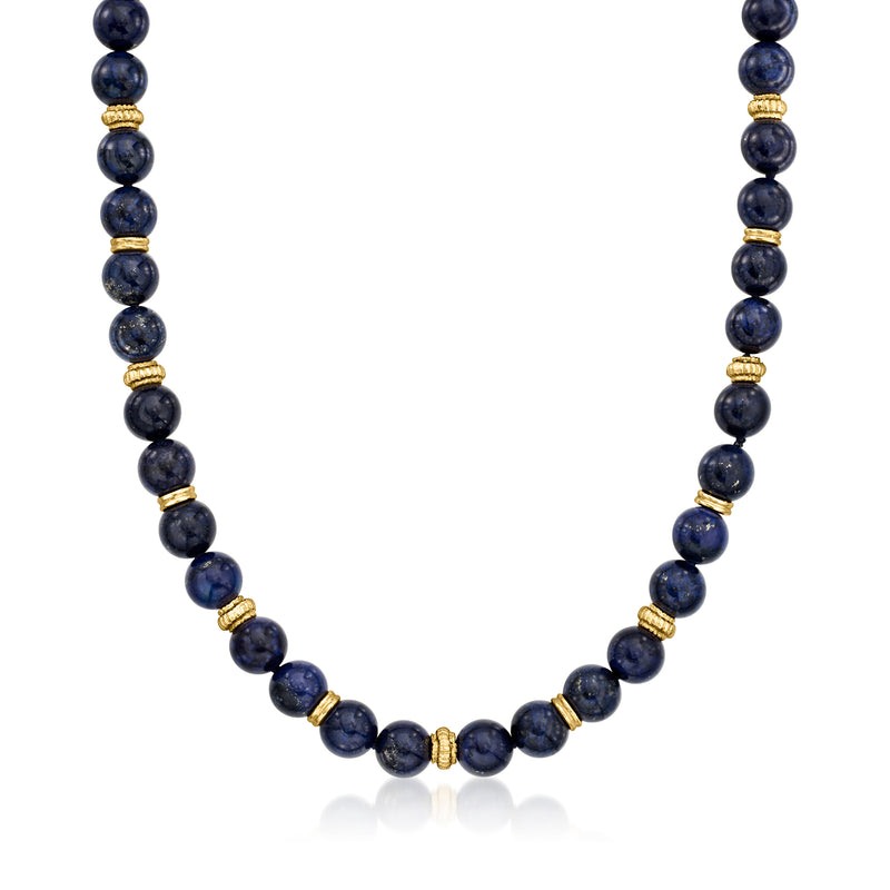Vintage lapis bead necklace with 14kt yellow gold bead caps, dark blue round beads