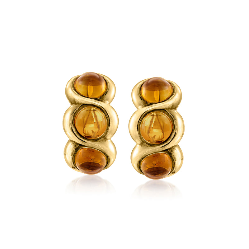 Twisted yellow gold earrings with three citrine cabochon stones, polished finish