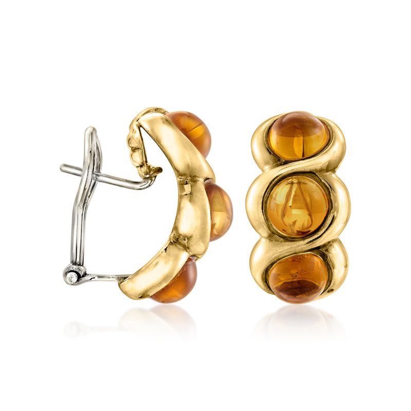 Twisted yellow gold citrine earrings with post backs and three amber cabochons