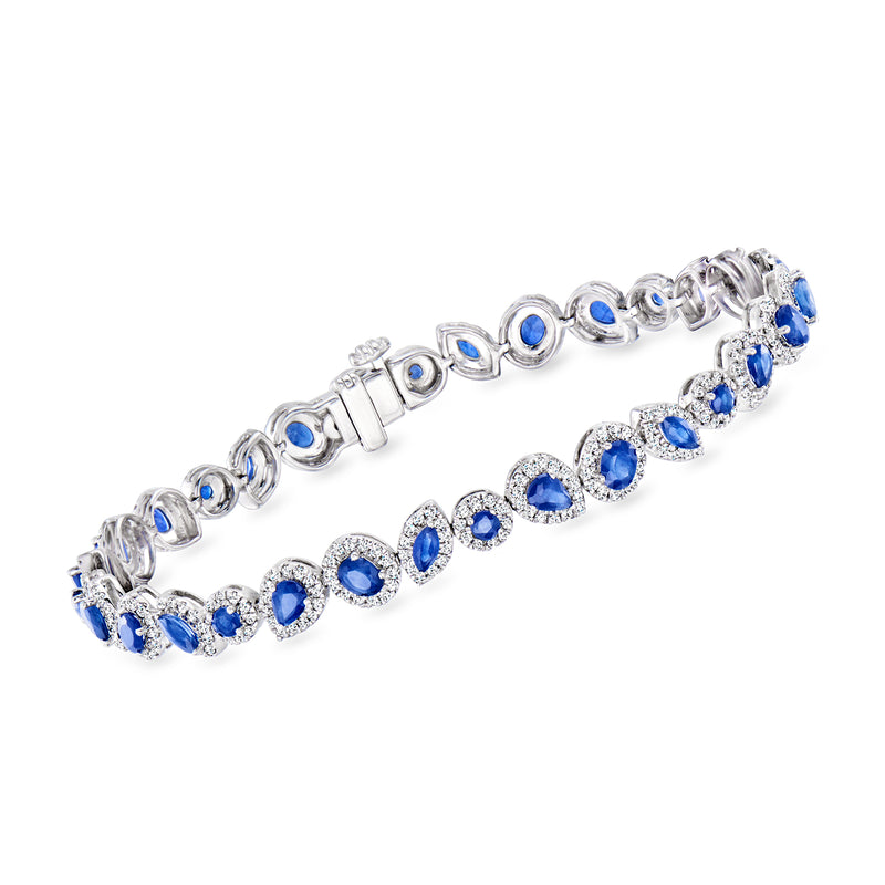 14kt white gold tennis bracelet with oval blue sapphire stones and diamond accents