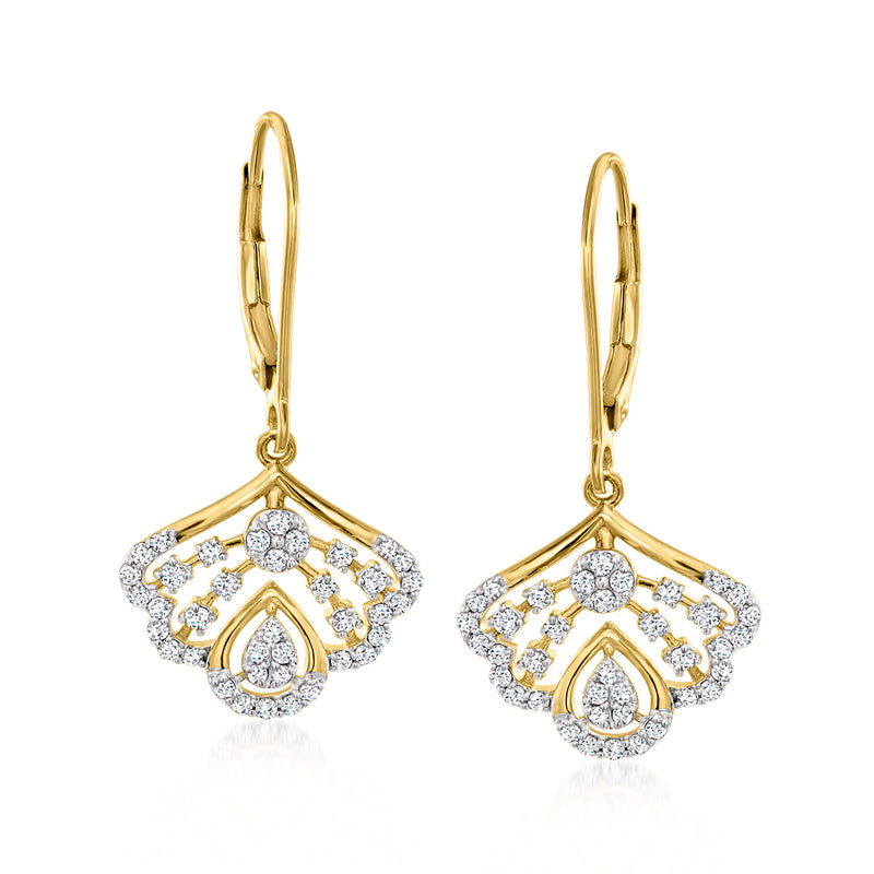 Gold fan-shaped drop earrings with teardrop center and sparkling stones, leverback