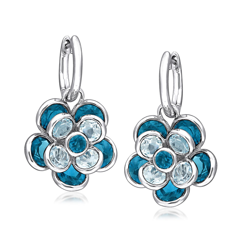 Sterling silver flower drop hoop earrings with blue and teal gemstone clusters