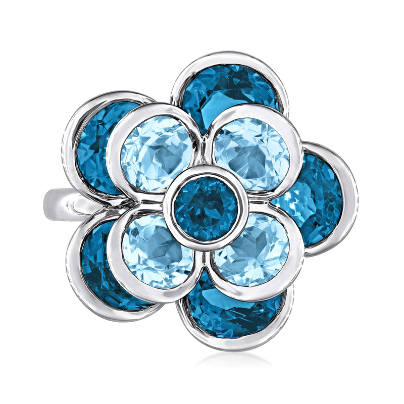 Sterling silver flower ring with mixed London blue and sky blue topaz gemstones