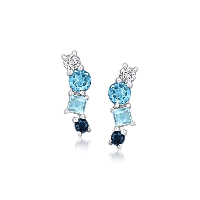 Sterling silver topaz climber post earrings, blue and white stones with dark blue accents