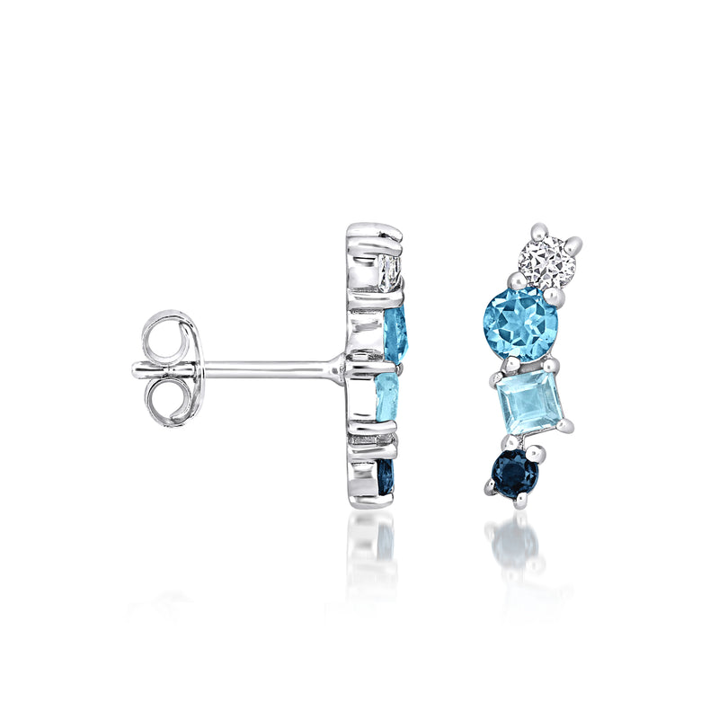 Sterling silver topaz climber post earrings, blue topaz row with dark blue stone details