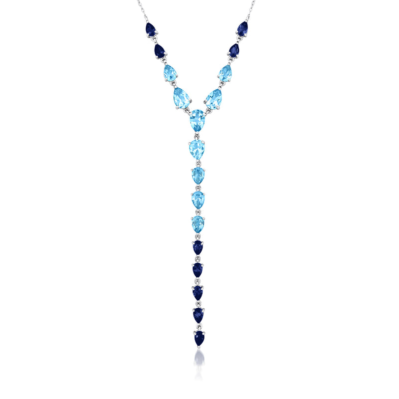 Sterling silver Y-necklace with oval blue gemstones and V-drop design