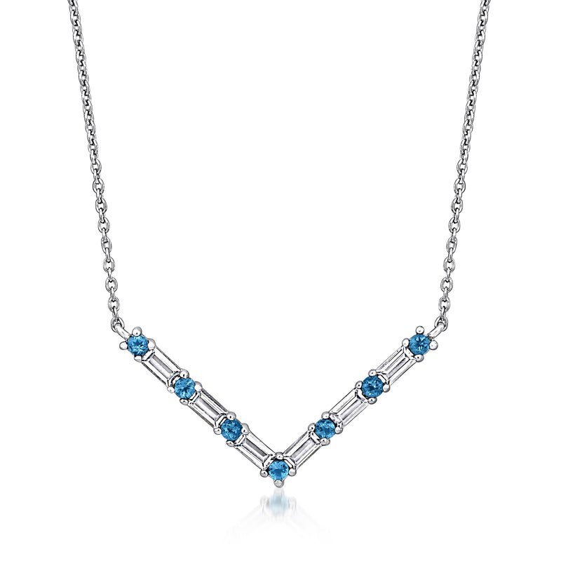 Sterling silver V-neck necklace with blue topaz baguette stations and prong-set stones