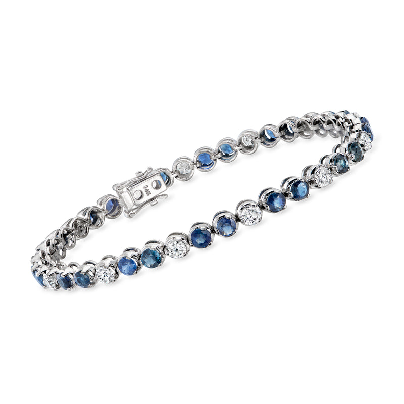 14kt white gold tennis bracelet with blue sapphire and round diamond stations