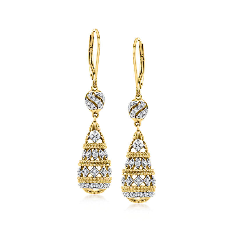 Gold teardrop leverback drop earrings with openwork tiers and round gemstone accents