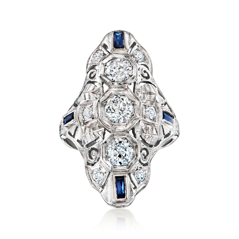 Vintage white gold dinner ring with round diamonds and blue sapphires, ornate halo
