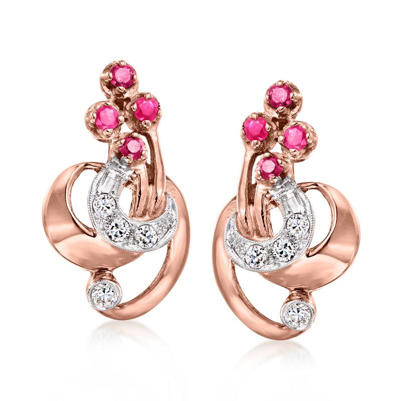 Rose gold swirl earrings with pink rubies and diamond accents