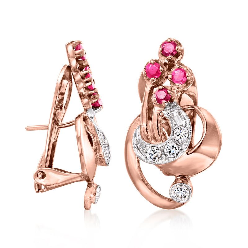 Rose gold swirl clip-post earrings with pink rubies and diamond accents