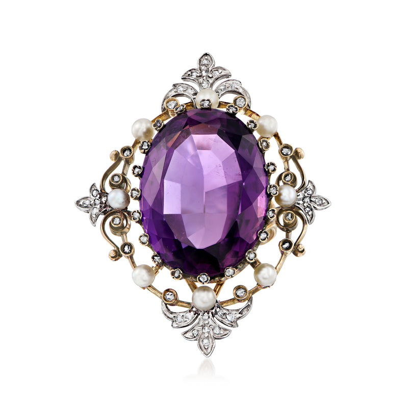 Oval amethyst, diamond and pearl ring in sterling silver with yellow gold prongs
