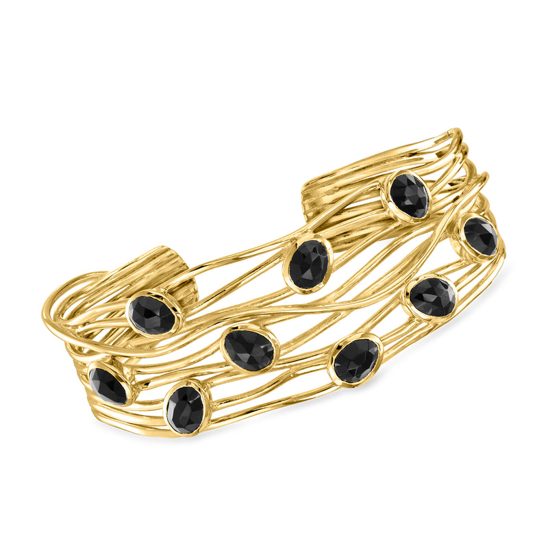 Gold over sterling cuff bracelet with black onyx-style bezel stones, multi-row wire