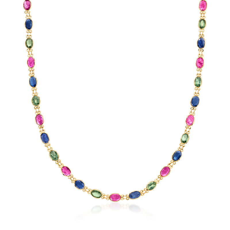 Multicolored sapphire tennis necklace in 15kt yellow gold with oval gemstone stations