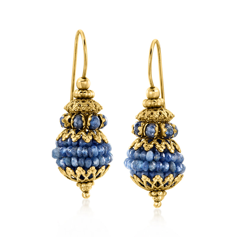 18kt yellow gold bead drop earrings with blue sapphire teardrop clusters and hoop earwires