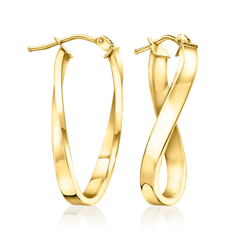 10kt yellow gold twisted hoop earrings, hinged snap post, oval hoop with twisted profile.