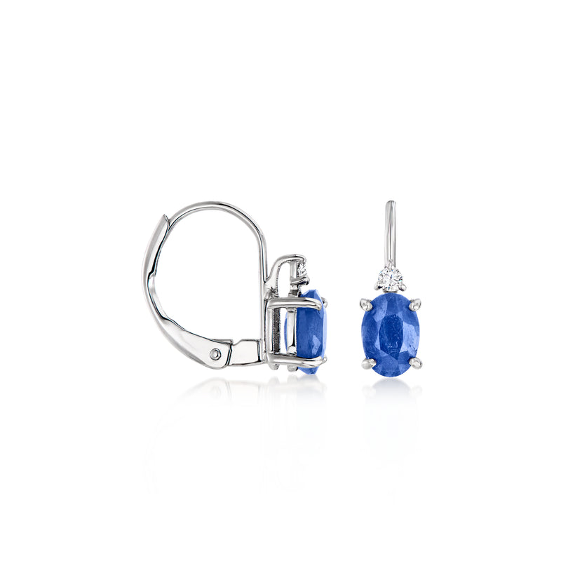 Sapphire drop earrings with oval blue center stones, leverback, white gold with diamond halo