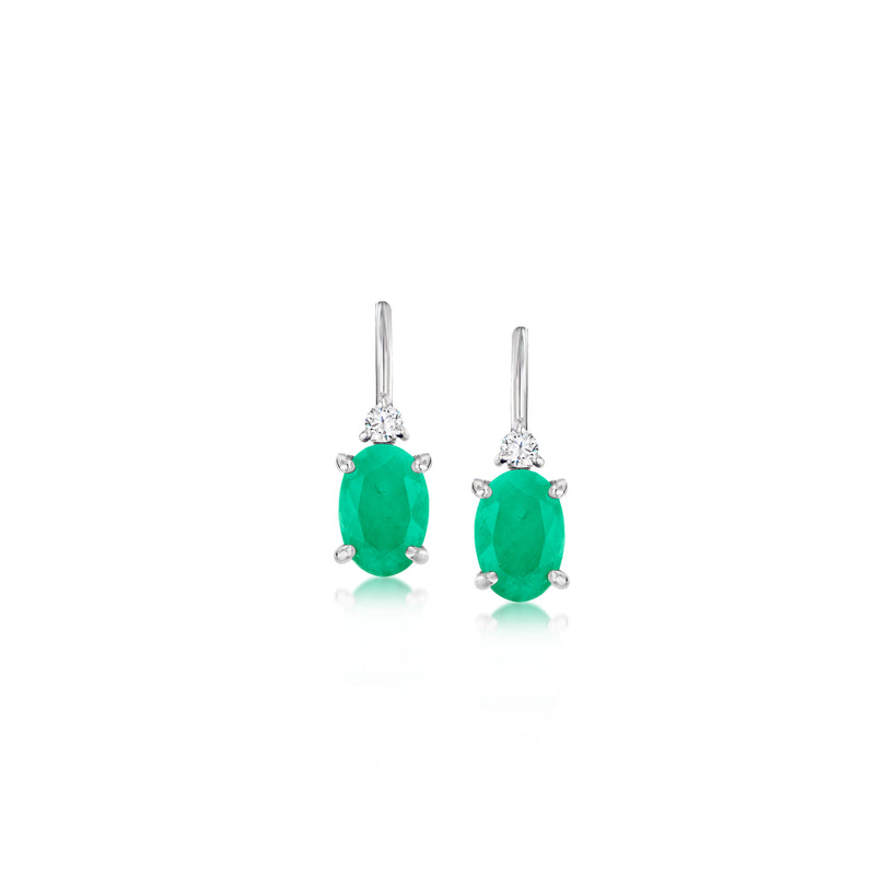 Emerald-green drop earrings with diamond accents, leverback, 14kt white gold.