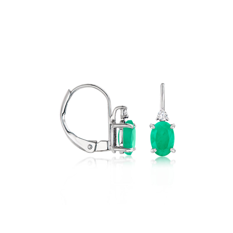 Emerald-green drop earrings with diamond settings and leverback closures, 14kt white gold.