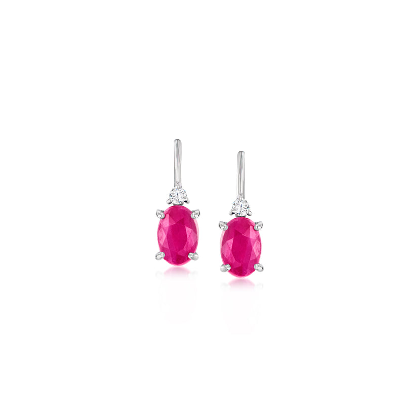 Ruby drop earrings in 14kt white gold with diamond accents and leverback clasps