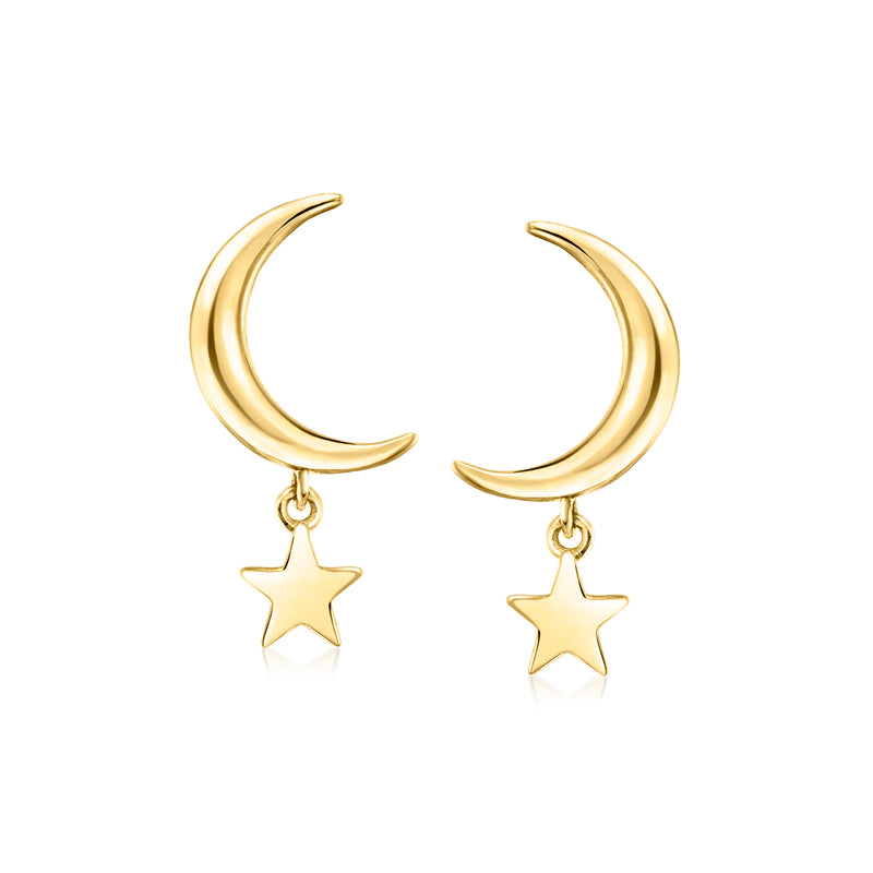 10kt yellow gold crescent moon stud earrings with dangling star charms