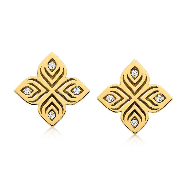 18kt yellow gold diamond post earrings with arabesque motif and four round diamonds
