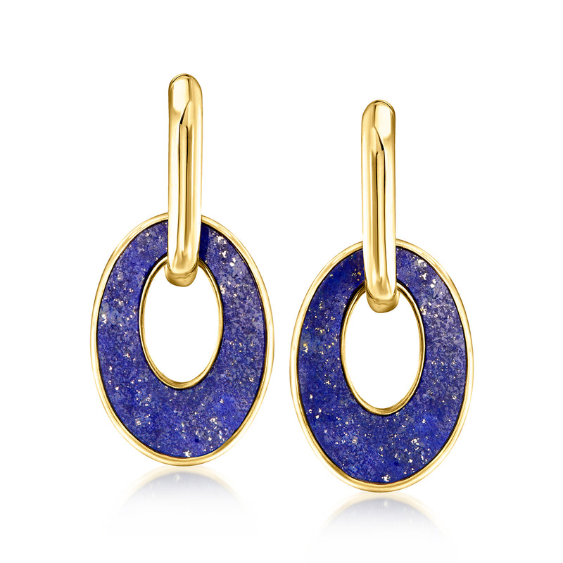 Lapis blue enamel oval hoop drop earrings with gold-tone hinged closures