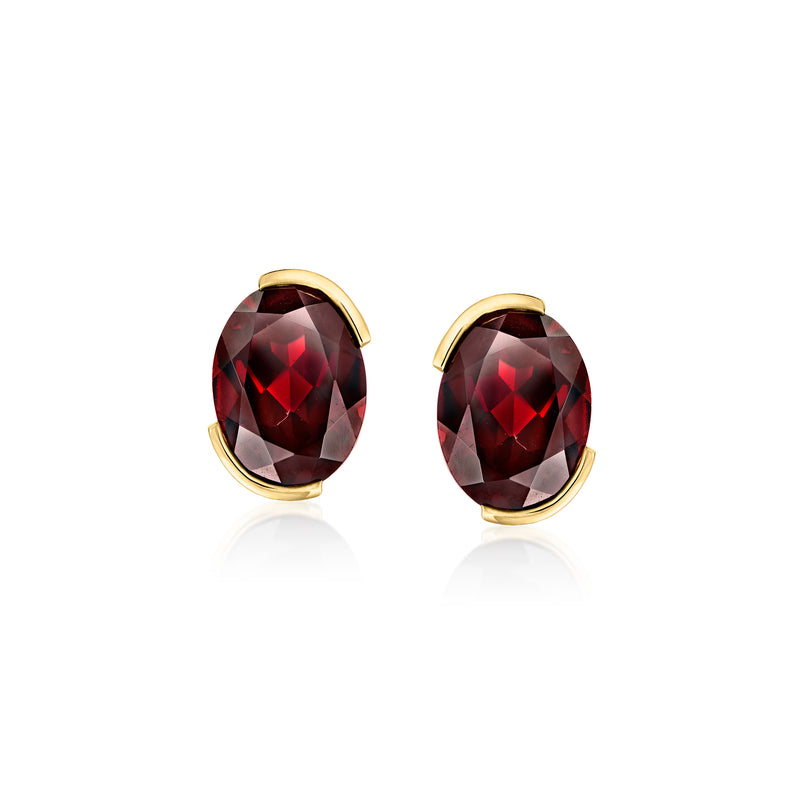Oval dark red garnet stud earrings in 14kt yellow gold bezel settings