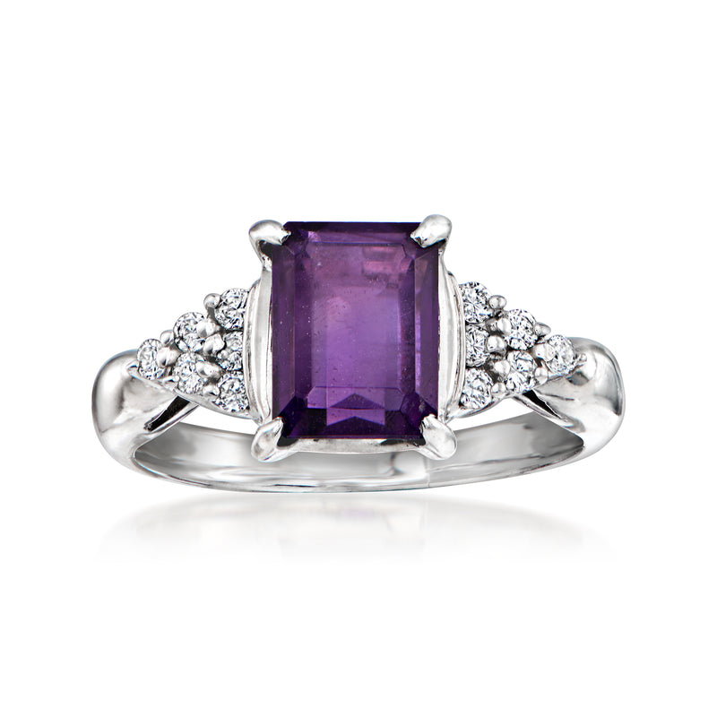 Platinum ring with square purple amethyst center and round diamond accents