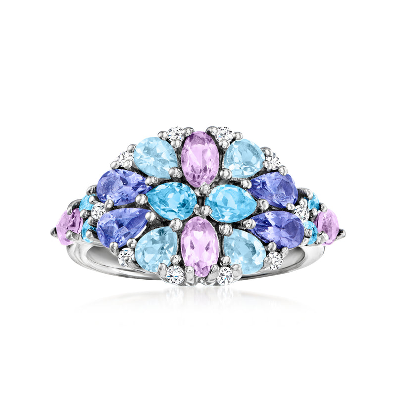 Sterling silver multi-gemstone ring with oval blue and purple stones, pave accents