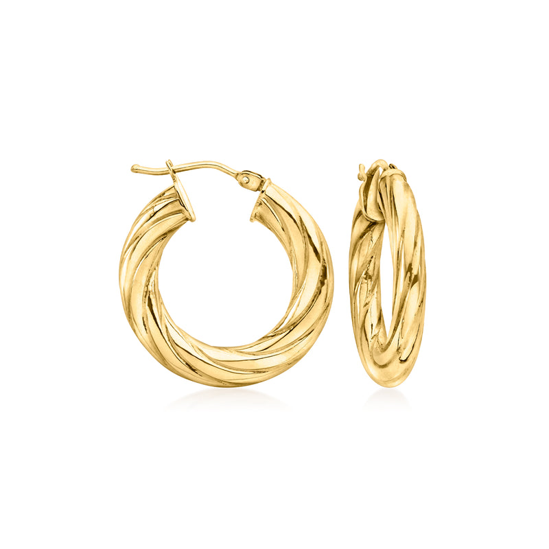 14kt yellow gold twisted hoop earrings with hinged clasp, textured rope twist