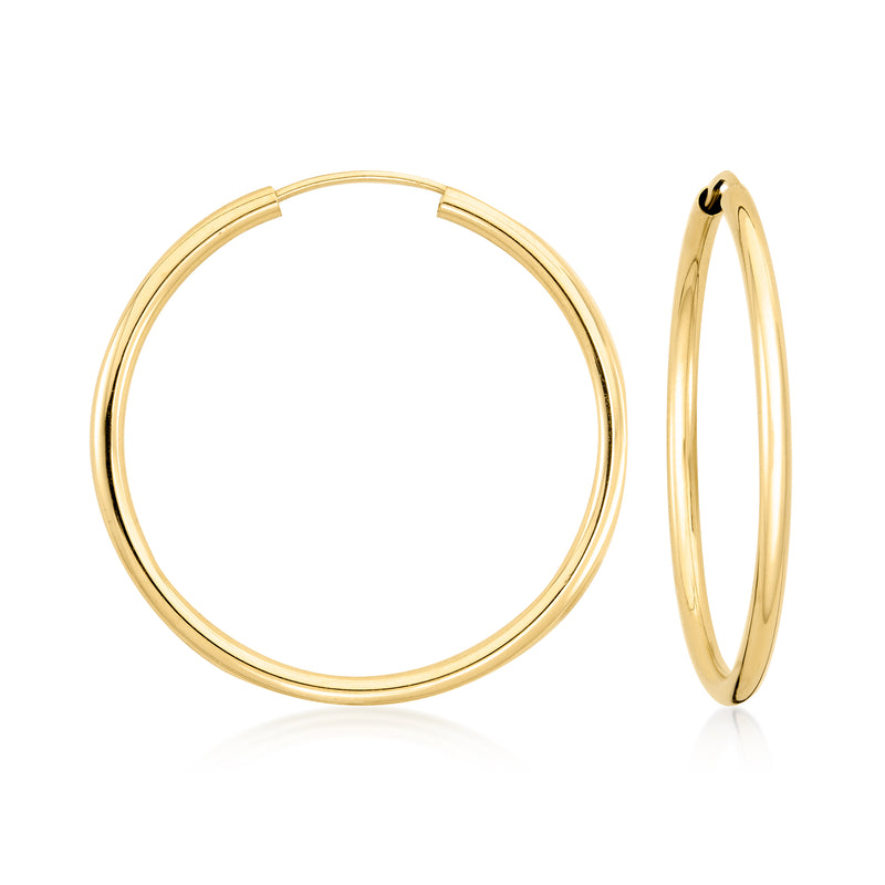 14kt yellow gold endless hoop earrings, smooth circular hoops
