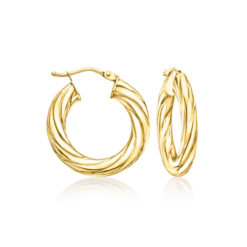 Twisted 10kt yellow gold hoop earrings with hinged clasp, polished finish