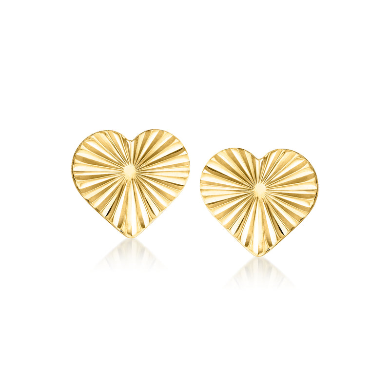 10kt yellow gold diamond-cut heart stud earrings, ridged design