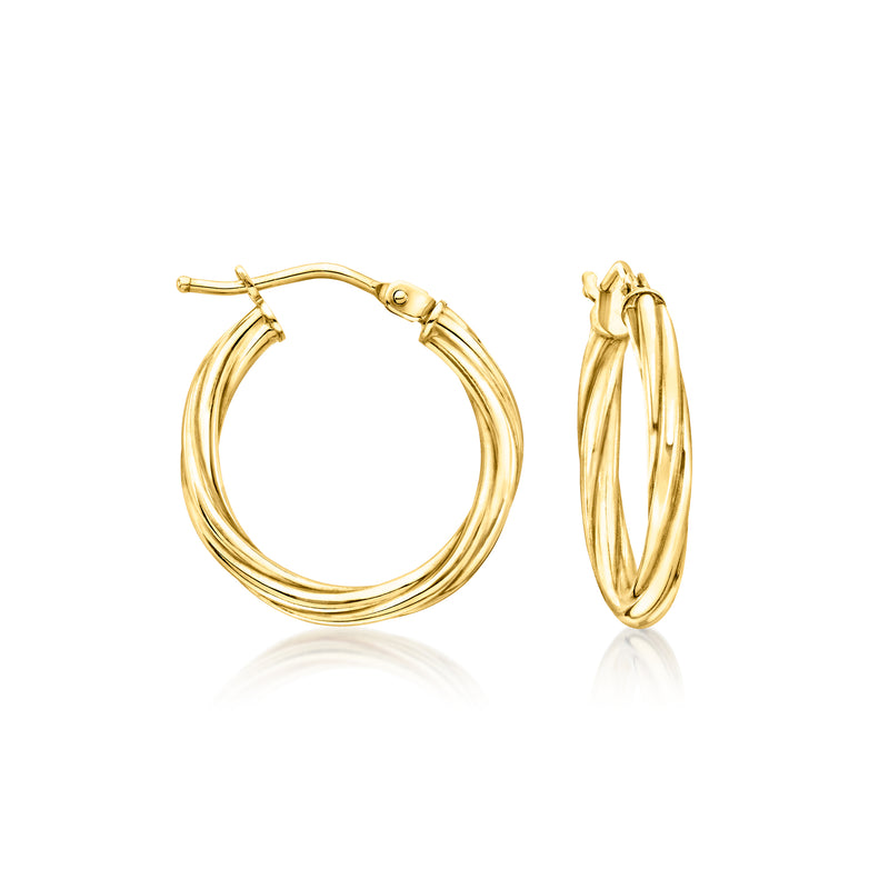 10kt yellow gold twisted hoop earrings with hinged latch, polished