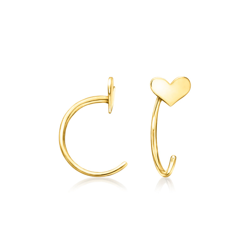 10kt yellow gold C-hoop heart earrings with hinged earwire backs