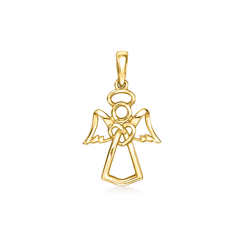 10kt yellow gold angel pendant with loop bail, detailed wings and cross-figure design