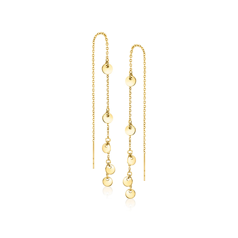 10kt yellow gold disc station threader earrings with round discs on chain