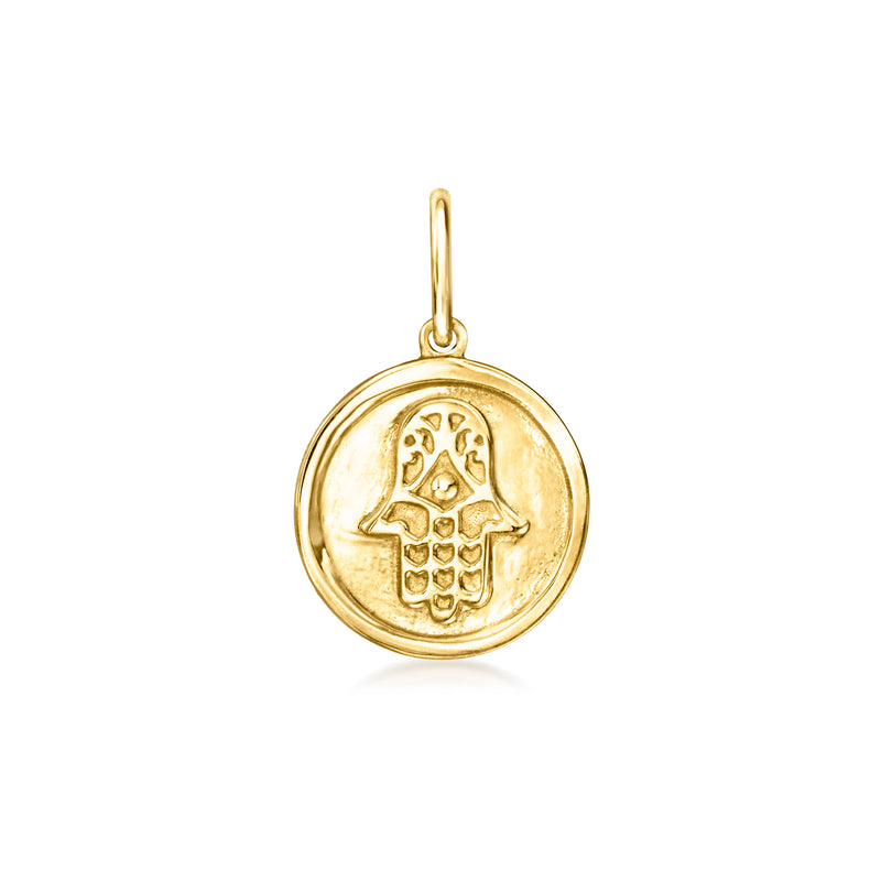 Petite 10kt yellow gold hamsa disc pendant with circular engraved hand design