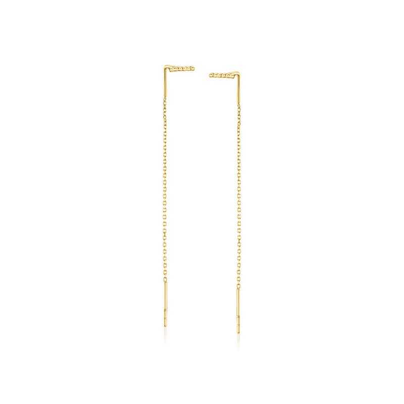 10kt yellow gold beaded threader earrings with dangling bead chain