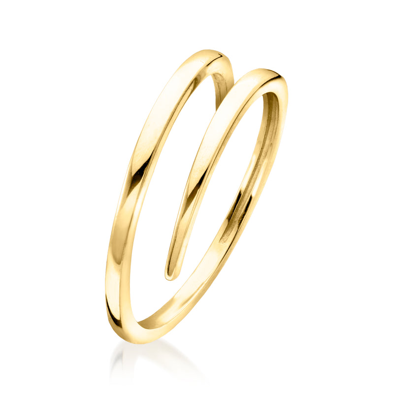 10kt yellow gold bypass ring with rounded open bands forming a sleek loop, polished