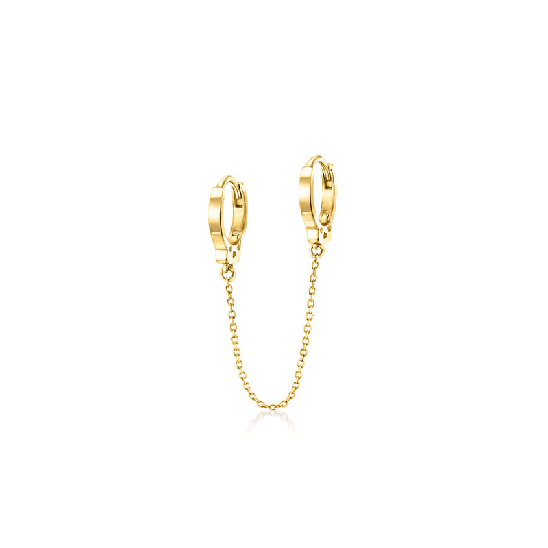 10kt yellow gold hoop earring with chain drop, double-piercing, single